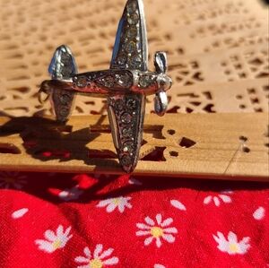 Silver Airplane Pin with Rhinestones